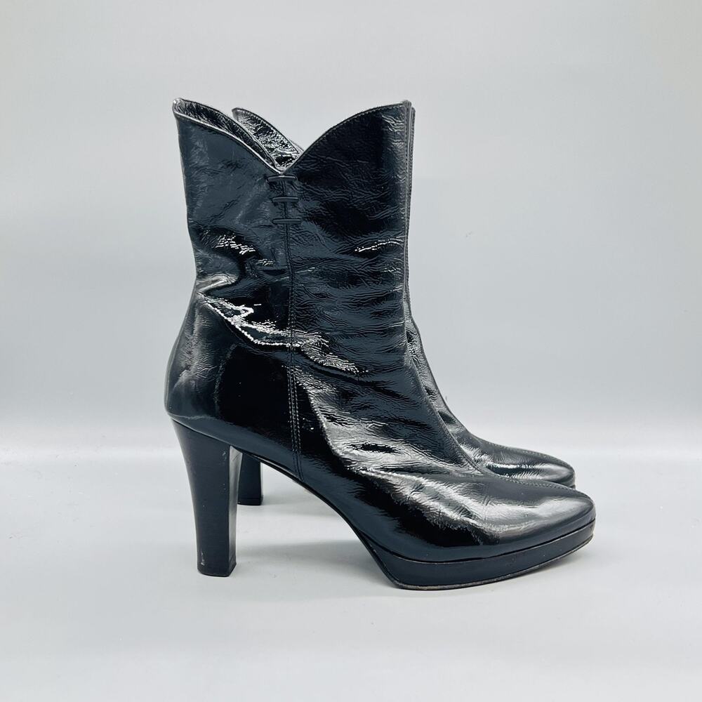 Aquatalia Boots Womens 10 Black Patent Leather Mid Calf Zip Platform Heels